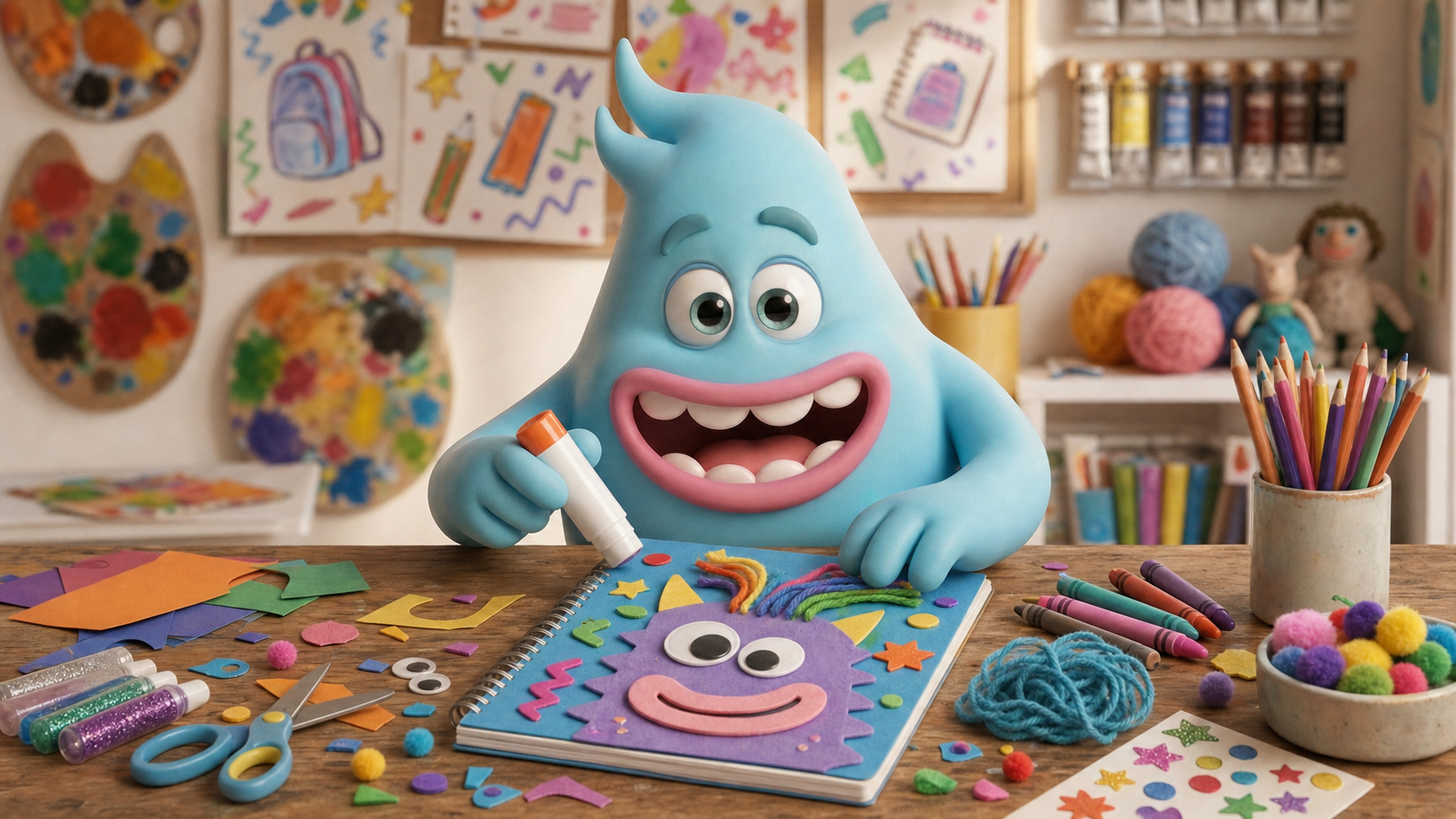 A cute monster doing The Creative Monster Guide to Back to School