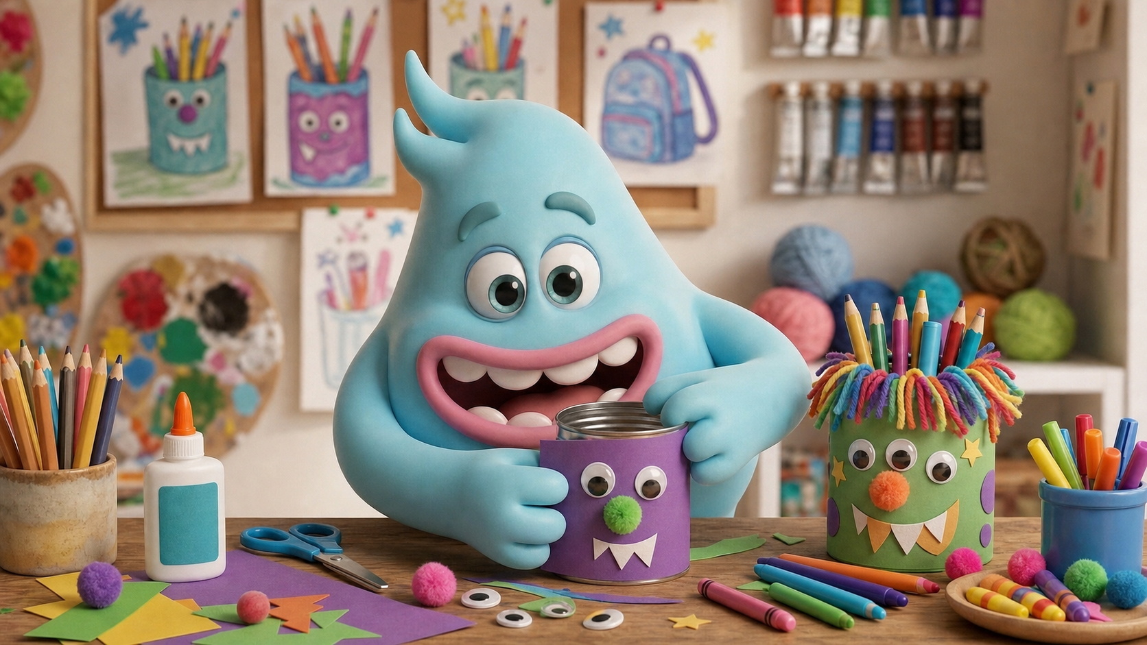 A cute monster doing The Creative Monster Guide to Back to School