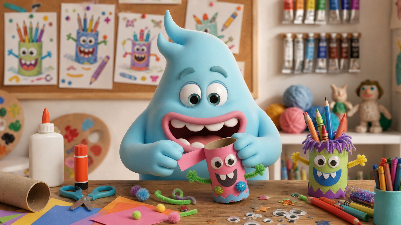 A cute monster doing The Creative Monster Guide to Back to School